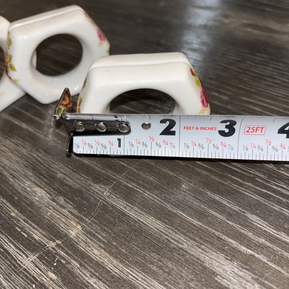 Set of 4 Bone China Napkin Rings Name Card Holders White Floral Pink Roses